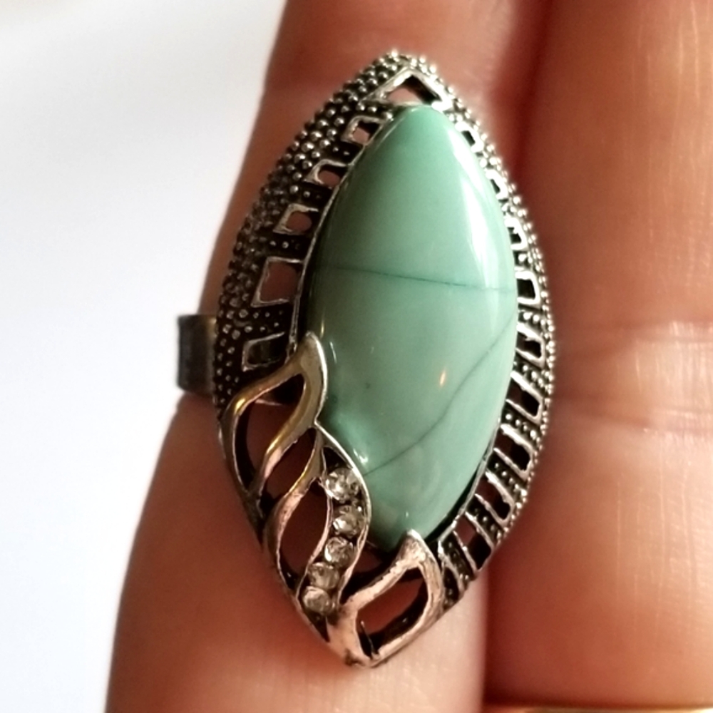 Long ring with turquoise blue faux stone dark silver tone adjustable size